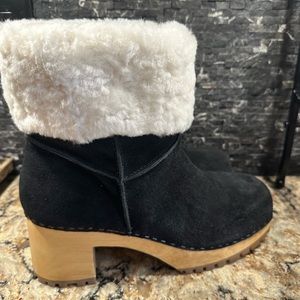 Mia Jildie Clogs Suede Ankle Boots Sheepskin Wood Size 10M~Black Leather NEW